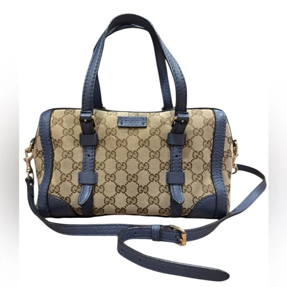 GUCCI Beige Brown GG Canvas Blue Leather Trim Small Belted 2way Boston Bag